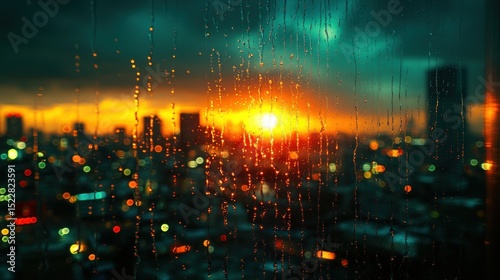Rainy City Sunset View from Window