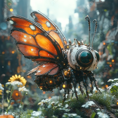Robotic butterfly, garden, steampunk city,  glowing, digital art