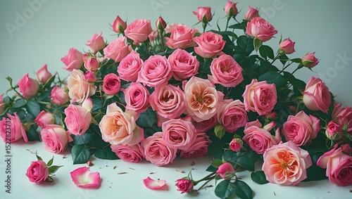 Bed of roses, large bunch of colorful pink flowers, buds, petals, and leaves loosely spread on a surface, isolated over a white background, botanical design element with space for text photo