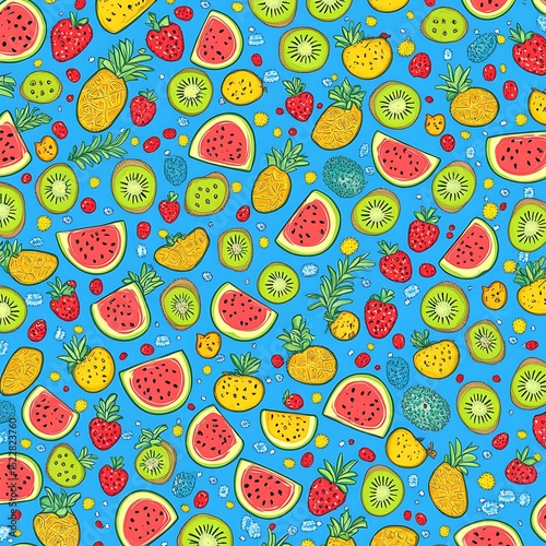 Summer Fruit Burst: A vibrant array of juicy watermelon slices, succulent strawberries, sweet pineapple, and zesty kiwi on a summer blue backdrop, ready to be enjoyed.