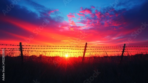 Vibrant sunset over barbed wire fence in field