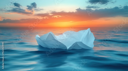 Plastic bag adrift, ocean sunset, pollution, environmental