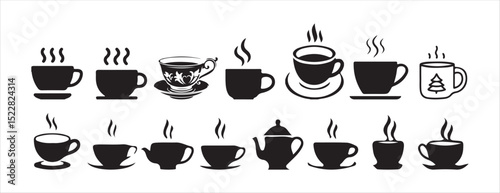 Set of Black Coffee Cup Icons with Steam – Vector Silhouettes of Hot Beverages. Victor illustration eps 10