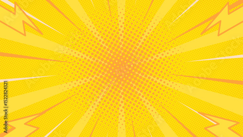 Yellow halftone comic background with fast lines around and lightning bolts. Vector illustration. Suitable for comics, prints, posters, etc.