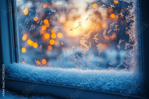 Frosty glass window with glowing lights.