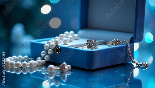A luxurious velvet jewelry box slightly open, spilling out a cascade of pearl necklaces