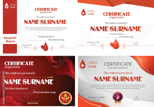 Certificate collection elegant vector bundle. blood donation certificate.