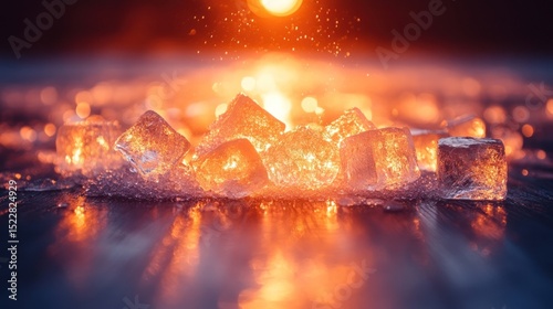 Glowing ice cubes melting sunset background