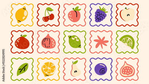 Funky fruit & berry cartoon stickers. Exotic tropical set in retro groovy doodle style. Vegetarian snacks, healthy food, vitamins