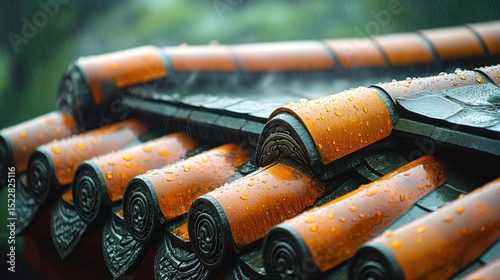 Rain-soaked temple roof tiles, garden background, serene Asian setting, website banner