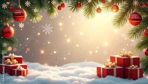 A ((festive Christmas card)) with classic ((New Year symbols like ornaments