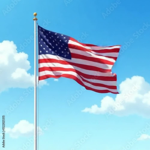 Celebration 4th July independence day, United States flag waving proudly on a tall white flagpole. The background should be a bright, clear blue sky.