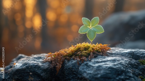 Sunrise seedling on rock, forest background, nature growth