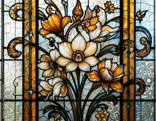 Art Nouveau Floral Stained Glass with Elegant Orange and White Flowers