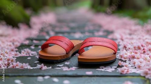 Red sandals on cherry blossom path