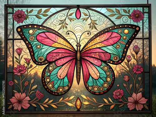 Stained Glass Butterfly with Vibrant Wings and Floral Vines