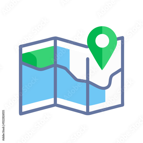 Discover a detailed map location pin icon perfect for navigation apps, websites, or travel branding designs featuring a folded map and green location marker.