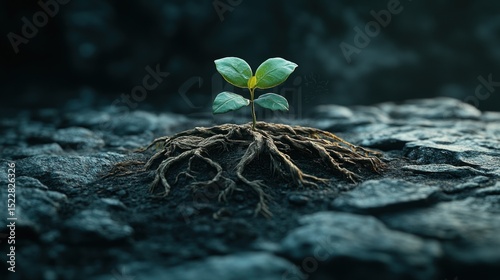 Resilient sprout emerging from rocky ground, sunrise