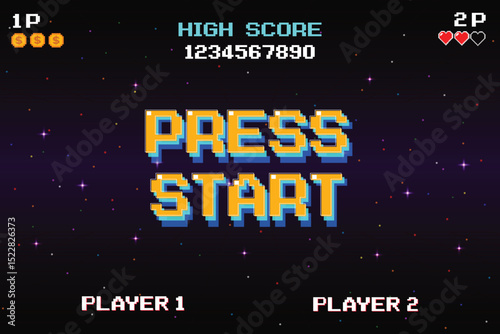 PRESS START INSERT A COIN TO CONTINUE. pixel art. 8 bit game. retro game. for game assets .Retro Futurism Sci-Fi Background. glowing neon grid and stars from vintage arcade computer games
