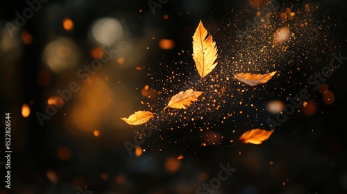 Golden autumn leaves swirling, bokeh background, nature, fall design