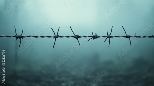 Barbed wire fence in foggy forest, barrier, isolation