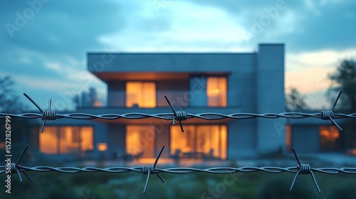 Barbed wire fence, modern house, twilight, security, suburban