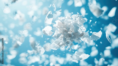Exploding white fragments, blue backdrop, abstract design