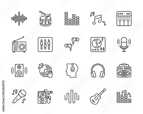 A collection of musicrelated line art icons arranged in a grid format