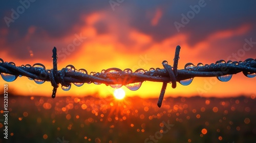 Dew-covered barbed wire at sunset, field background