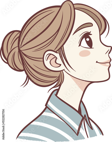 Smiling woman with long hair in a stylish cartoon illustration, PNG