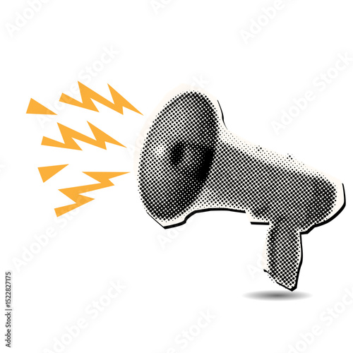 Megaphone with shadow in halftone style,vintage collage element,cut out from magazine