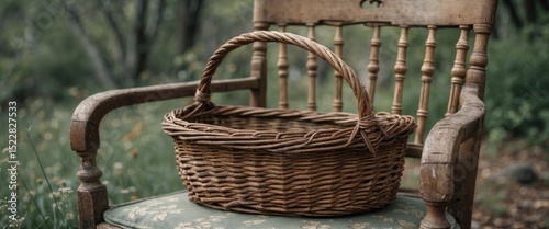 Old wicker basket placed on a chair outdoors in nature