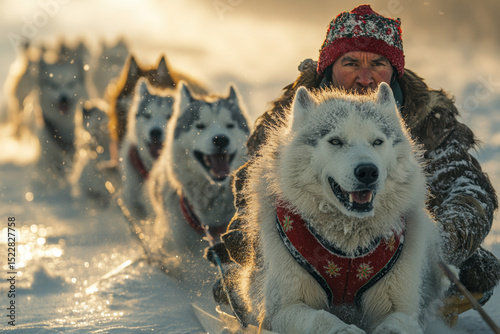 Man sleds down hill with dogs on snowy slope.