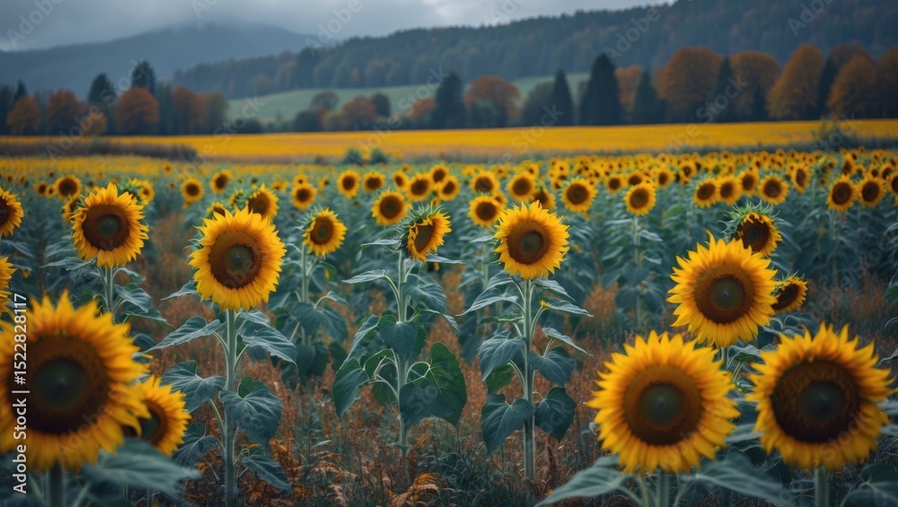 Fototapeta premium During the early autumn weekend trip, we also explored a beautiful sunflower field. There is space available for text.