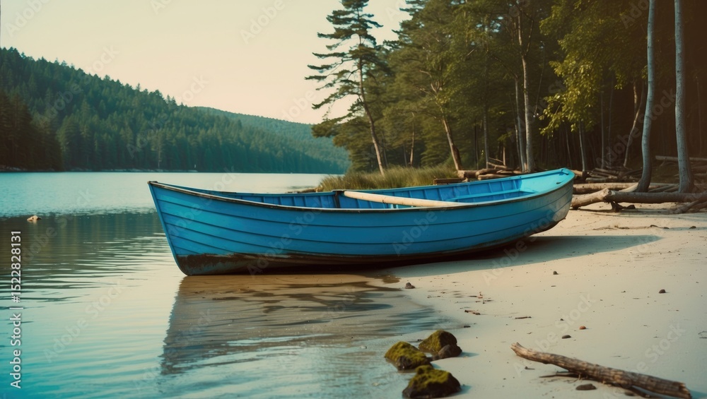Obraz premium Blue rowing boat on a sandy shore in a quiet bay. Area for summer camping in the woods with empty copy space for text