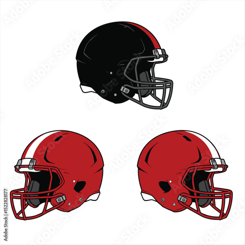  Hand drawn sketch of american football helmet in red and black isolated on white background