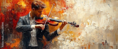 A man plays violin in a vibrant abstract background