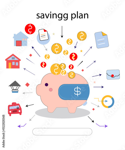 A modern, minimalist, and colorful vector illustration of a savings plan or budget tracker, featuring a geometric composition of interconnected shapes and lines, with a prominent piggy bank or money j