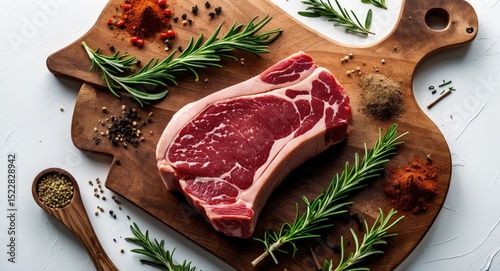 Fototapeta Naklejka Na Ścianę i Meble -  Raw T-bone steak on a wooden board with rosemary and spices on a white background, top view, with empty space for text.