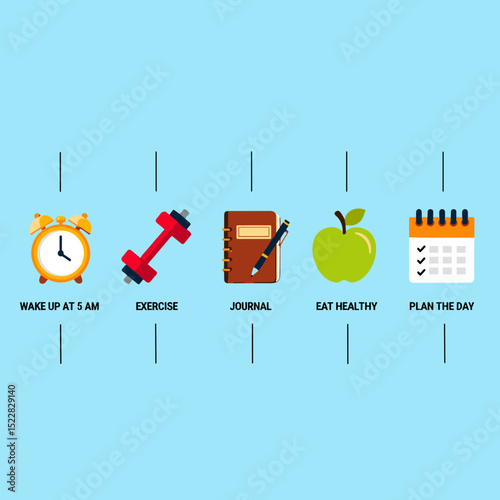 Daily routine icons in flat style on blue background