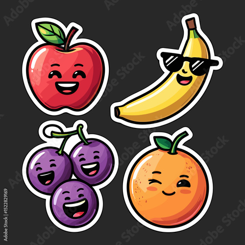 Happy cartoon fruits with faces on dark background
