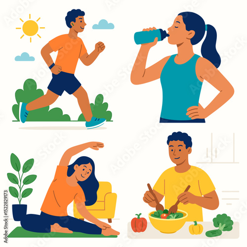 People doing healthy lifestyle activities in flat style