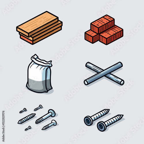 Construction materials icons in 3D style on gray background