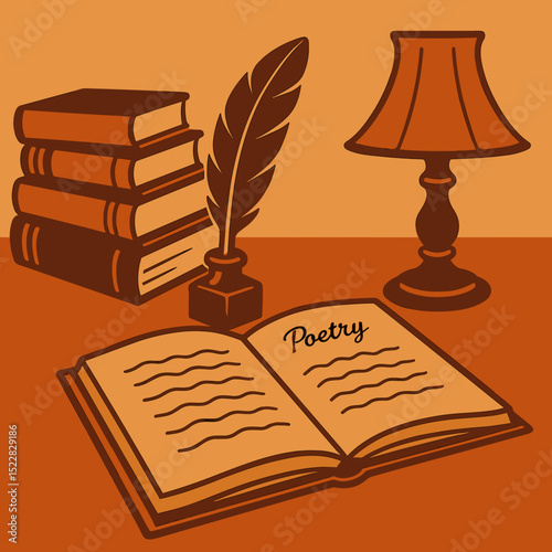 Poetry book with ink pen and lamp in vintage style