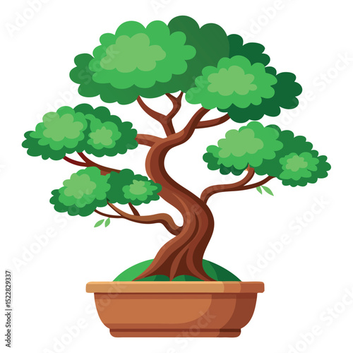 Cartoon Bonsai Tree with Lush Green Foliage in a Terracotta Pot