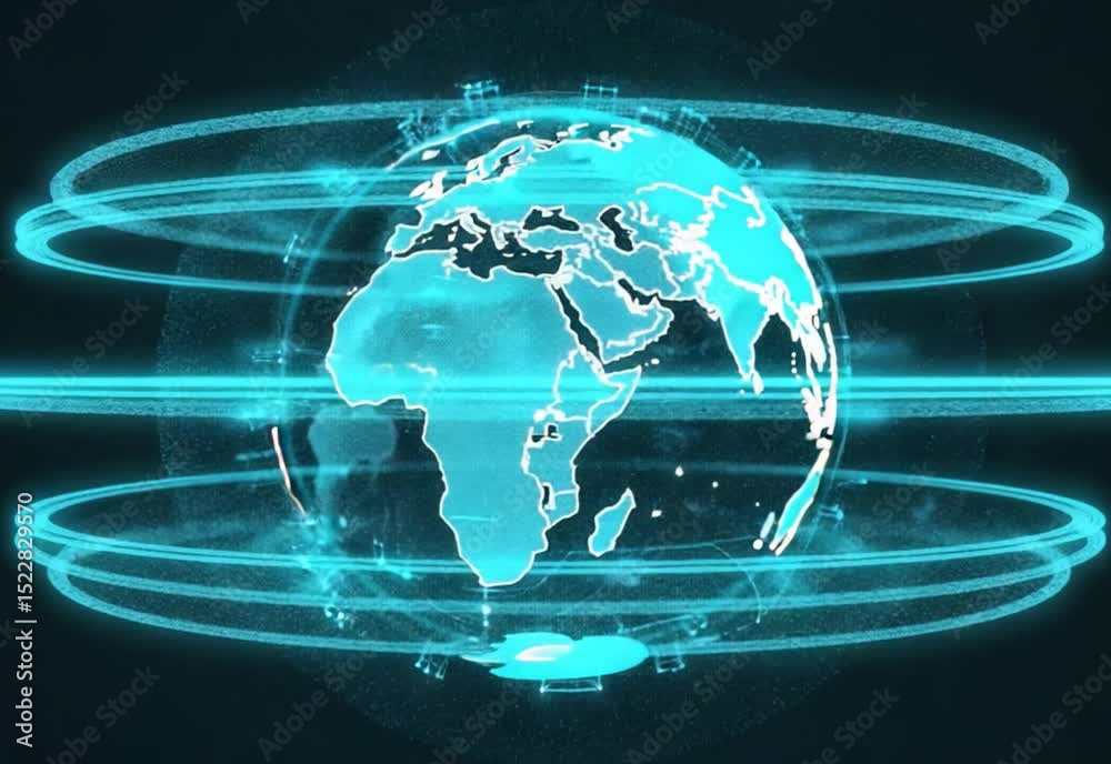 Futuristic neon globe with animated data visualization representing global connections and technology on a dark background