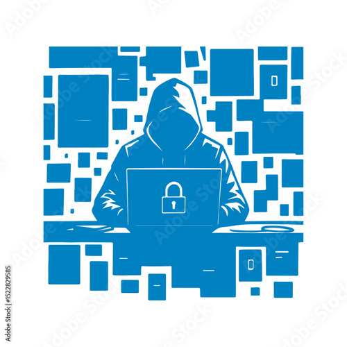 Illustration of of a hooded hacker typing on a laptop. Cybersecurity threat concept with minimal  design, symbolizing data breach, hacking, or online anonymity.