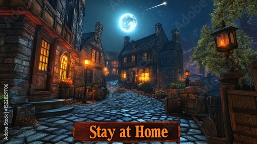 Nighttime medieval town street, 