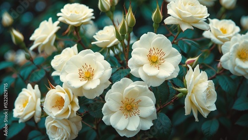 Closeup of the cluster of white flowers with yellow stamen of the garden hybrid Musk Rose. photo