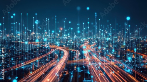Cityscape at night, overlaid with digital network connections